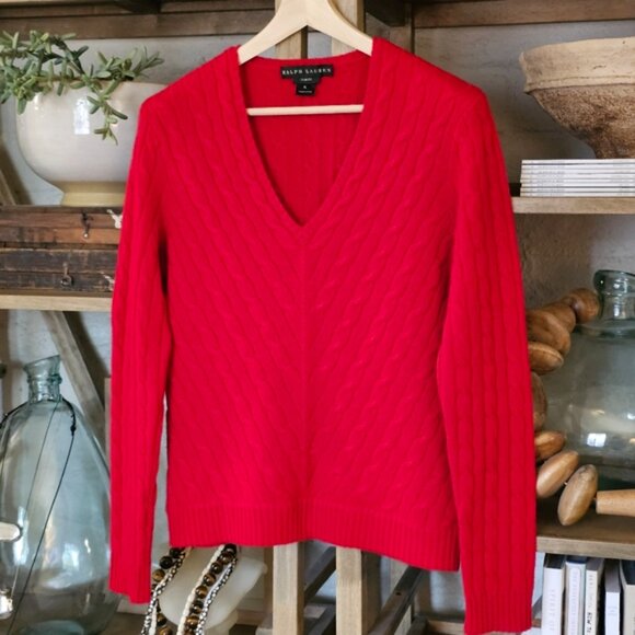 Ralph Lauren Black Label Cashmere Cable-Knit Sweater – Red V-Neck, 100% Cashmere - Picture 9 of 9